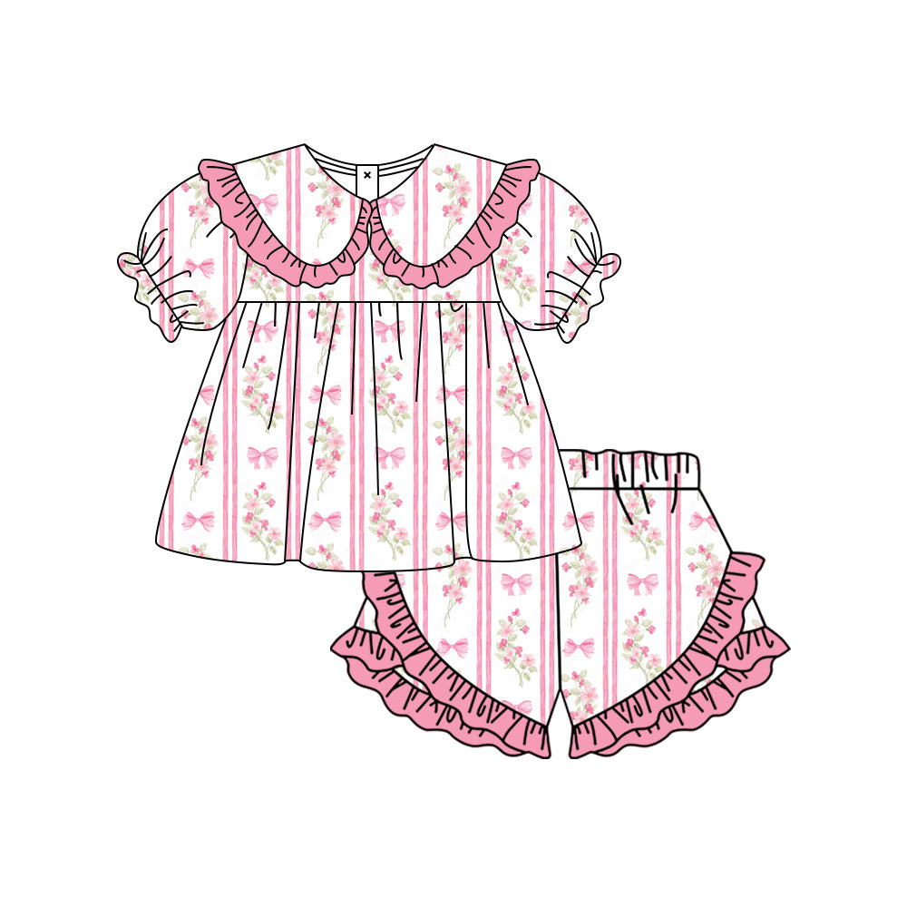 Preorder (moq 5)Baby Girls Flowers Bows Stripe Collar Tunic Ruffle Short Clothes Sets