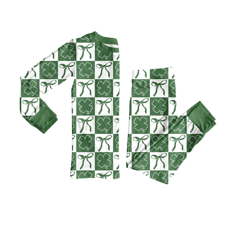 Preorder(moq 8)Baby Girls Green Bows Clovers Checked Top Pants st Patrick Pajamas Sets