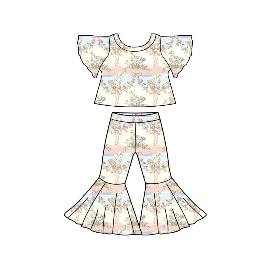 Preorder (moq 5)Baby Girls Bell Sleeve Ducks Bows Flowers Top Bell Bottom Pant Clothes Sets