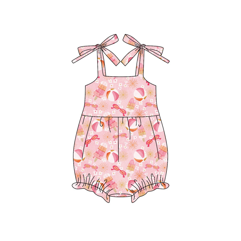 Preorder (moq 5)Baby Girls Bows Strap Pink Glasses Beach Flowers Ruffle Rompers