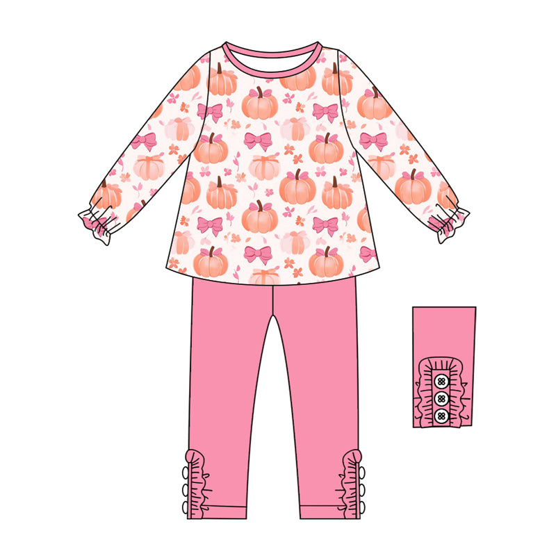 Preorder (moq 5)Baby Girls Long Ruffle Sleeves Bows Pumpkins Tunic Pink Legging Pant Sets
