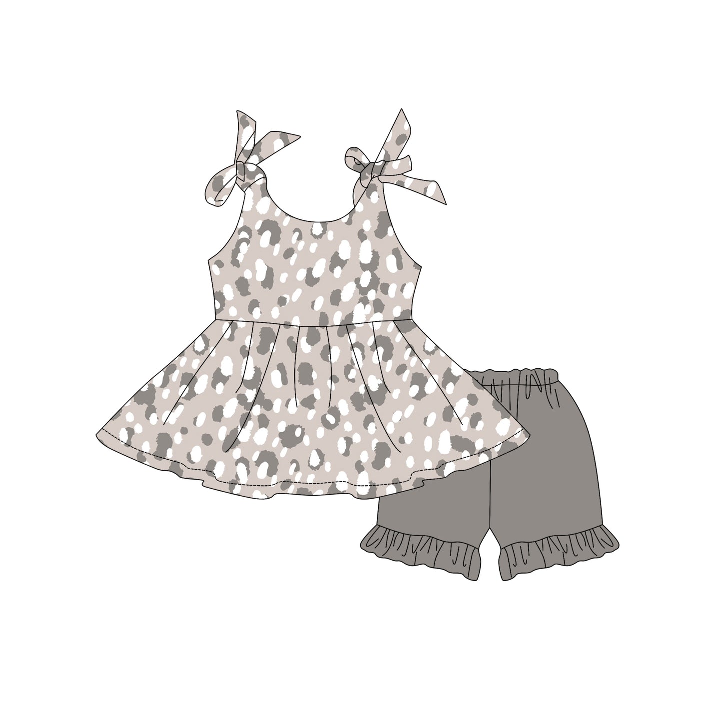 Preorder moq 5 Baby Girls Strap Gray Leopard Tunic Ruffle Short Set