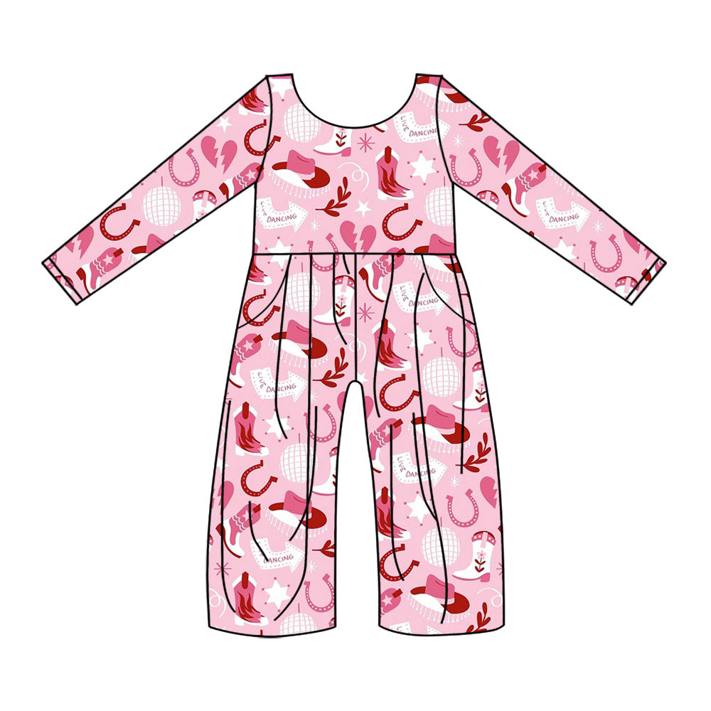 Preorder(moq 8)Baby Girls Pink Hearts Boots Plaid Western Pockets Pant Jumpsuits