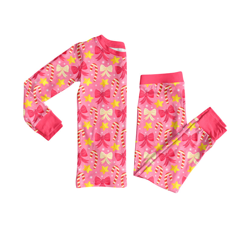 Preorder (moq 5)Baby Girls Pink Long Sleeves Candy Cane Stars Bows Top Pant Pajamas Set