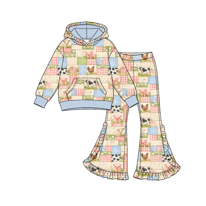 Preorder (moq 5) Girls’ Fall Hooded Long-Sleeve House, Chick, Pig & Cow Ruffle Flare Pants Print Set | Matching Sister & Family Outfits