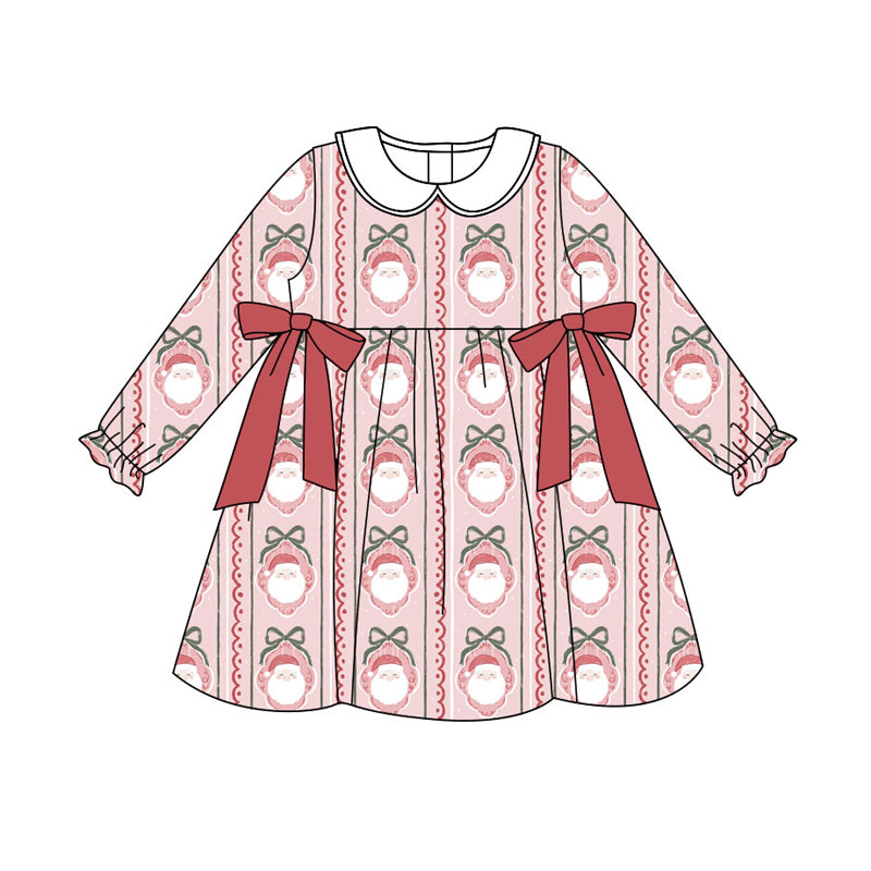 Preorder (moq 5)Baby Girls Red Bows Santa Stripes Christmas Knee Length Dresses