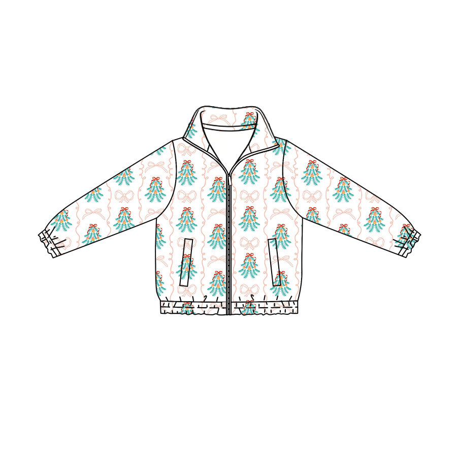Preorder (moq 5)Baby Girls Bows Holly Christmas Zip Pockets Jackets Top