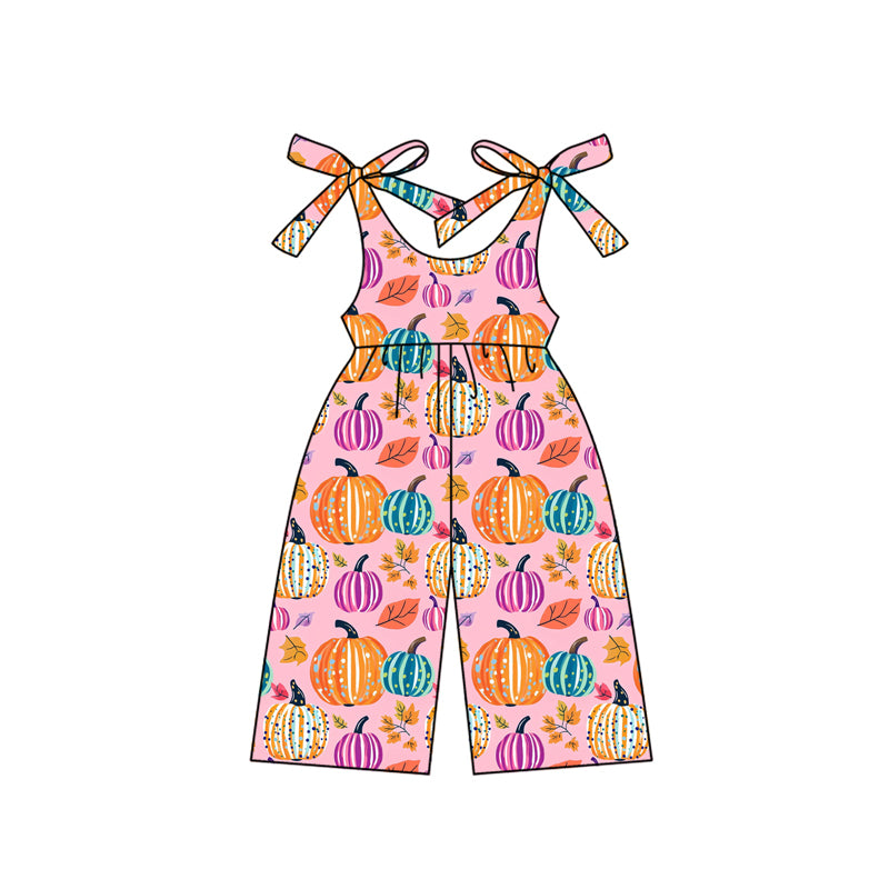 Preorder (moq 5)Baby Girls Bows Sleeveless Colorful Pumpkins Plaid Pant Jumpsuits