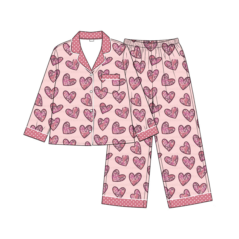 Preorder(moq5) Girls Valentine Pajama Set Geometric Pattern Lapel Button-Down Long Sleeve Top Pants Casual Soft Kids