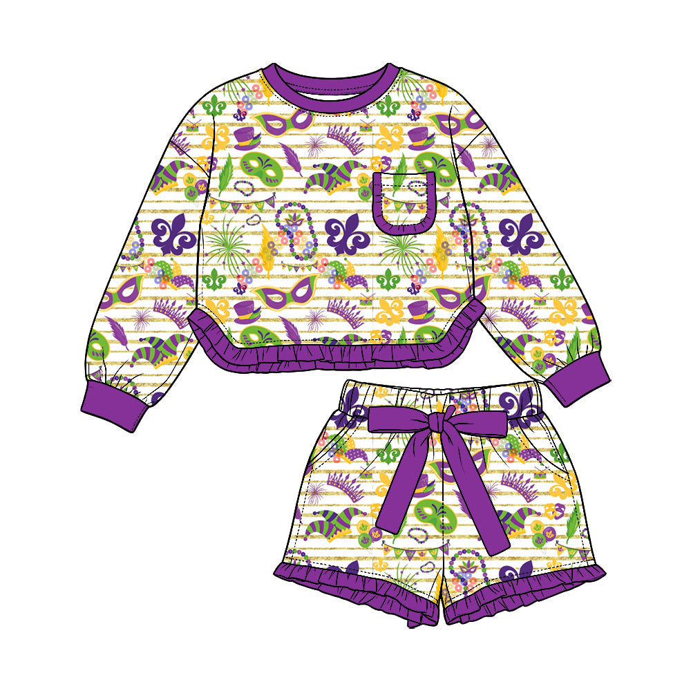 Preorder (moq5) Baby Girls Crowns Masks Stripe Pocket Top Ruffle Bow Short Mardigras Set
