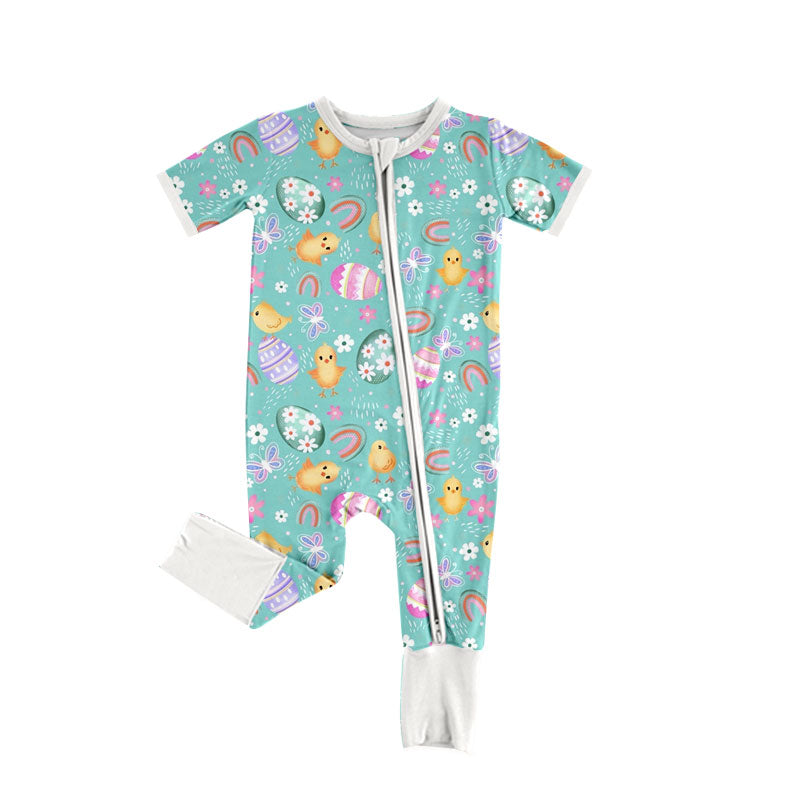 Preorder moq 5 Girls’ Spring Easter Olive Green & Soft Yellow Chick & White Floral Print Long Sleeve Zipper Romper