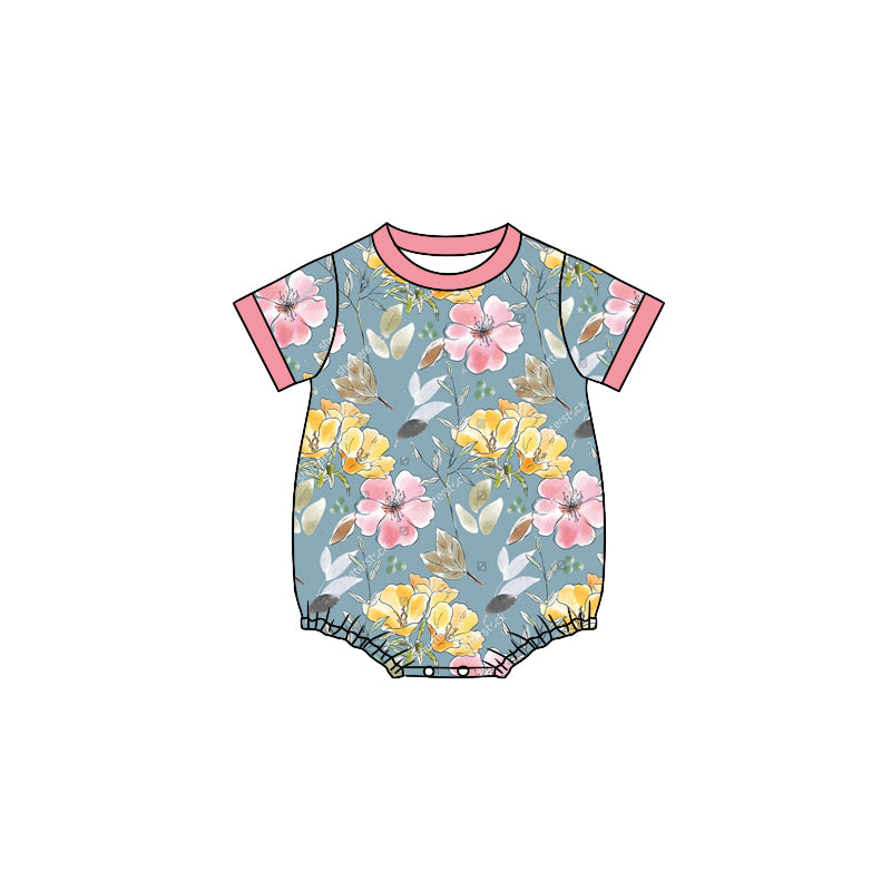 Preorder (moq 5)Baby Girls Grey Colorful Flowers Short Sleeve Rompers