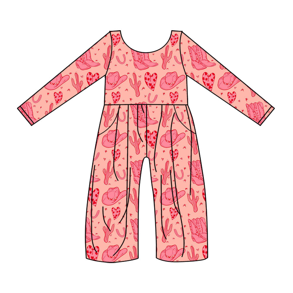 Preorder(moq 8)Baby Girls Pink Leopard Hearts Boots Hats Western Pockets Pant Jumpsuits