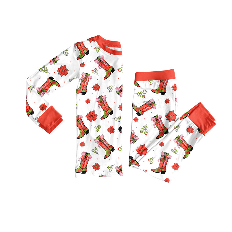 Preorder (moq 5)Baby Girls Long Sleeves Red Flower Boots Top Pant Pajamas Set