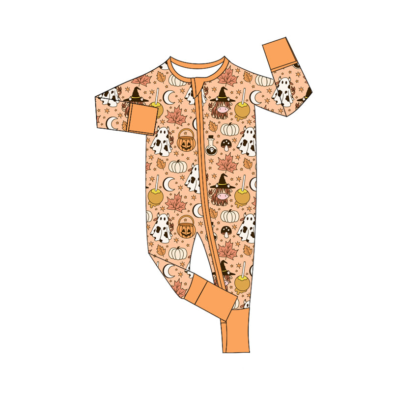 Preorder (moq 5)Baby Girls Long Sleeves Ghost Pumpkins Plaid Zipper Romper