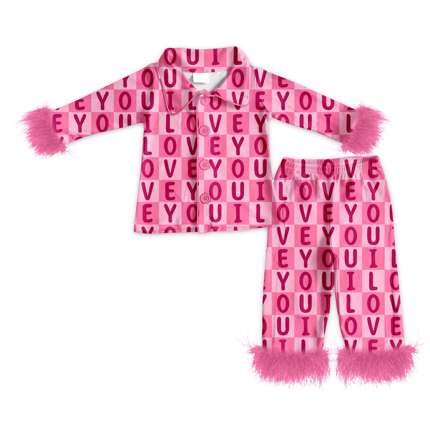 Preorder (moq 5)Baby Girls LOVE Checked Button Top Pants Valentines Fur Sleeve Pajamas Sets