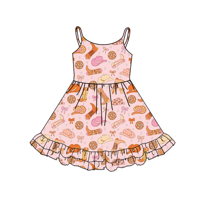 Preorder (moq 5)Baby Girls Pink Strap Colorful Hats Boots Knee Length Dresses