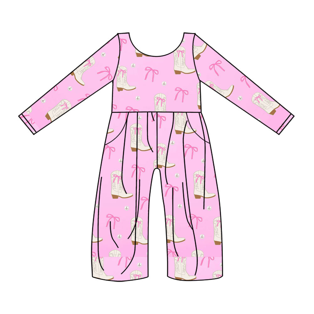 Preorder(moq 8)Baby Girls Pink Bows Boots Western Pockets Pant Jumpsuits