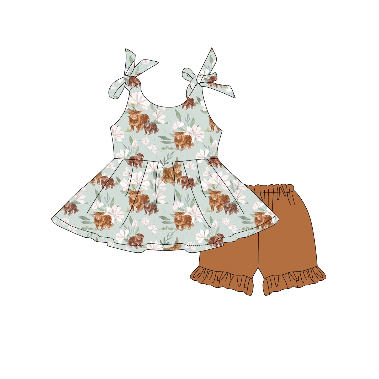 Preorder moq 5 Baby Girls Strap Highland Cows Flowers Tunic Khaki Ruffle Short Set