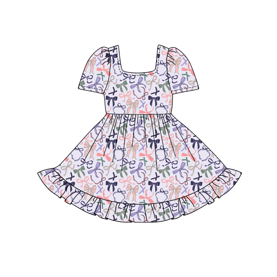 Preorder (moq 5)Baby Girls Lavender Short Sleeves Colorful Bows Ruffle Knee Length Dresses