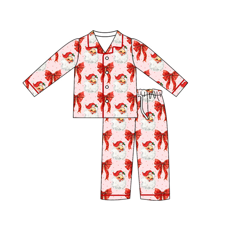 Preorder (moq 5)Baby Girls Christmas Red Bows Buttons Top Pants Pajamas