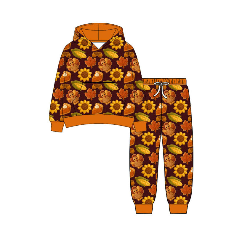 Preorder (moq 5)Baby Girls Turkey Sunflowers Pocket Hoodie Jogger Thanksgivings Clothes Set