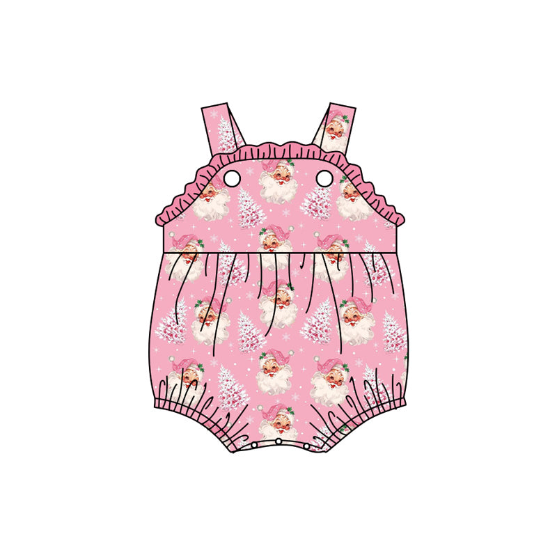 Preorder (moq 5)Baby Girls Pink Strap Santa Trees Plaid Ruffle Rompers