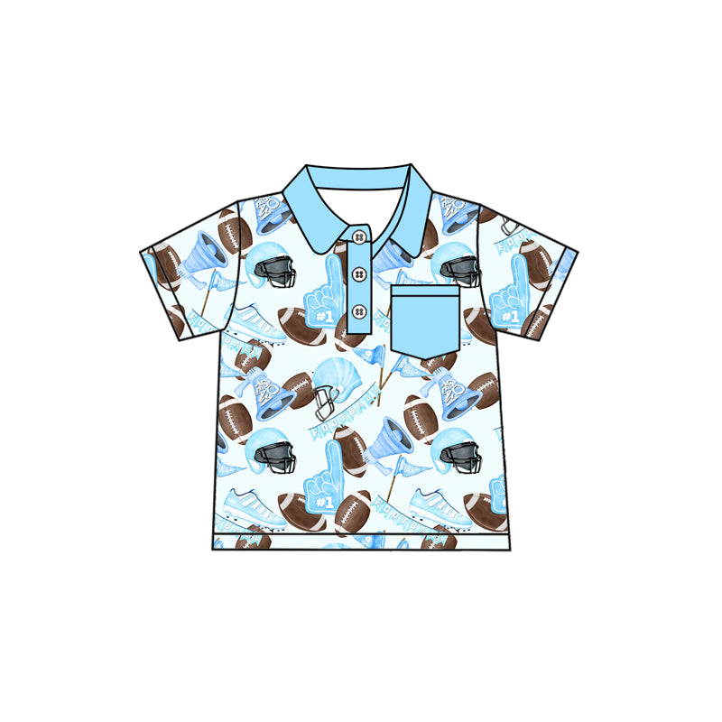 Preorder (moq 5)Baby Boys Blue Short Sleeves Button Pocket Footballs Flags Polo Shirts Top