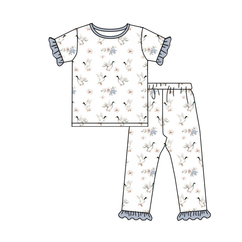 Preorder (moq 5) Baby Girl Clothes Duck Floral Mixed Print Short Sleeve Ruffle Pant Set