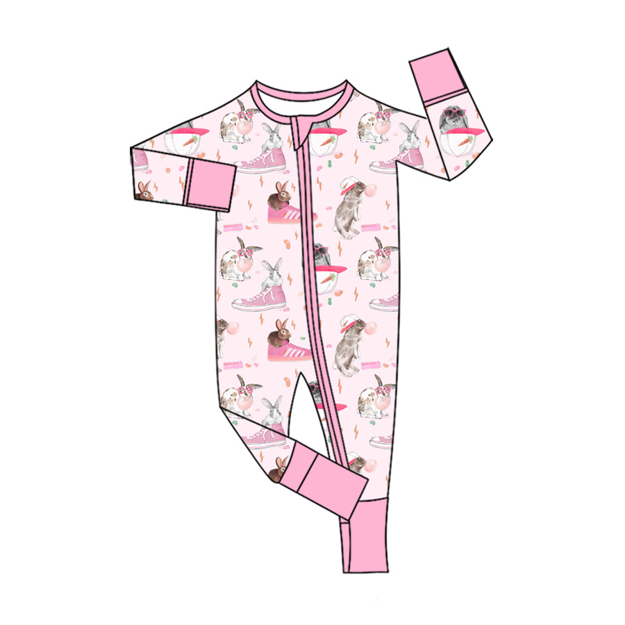 Preorder (moq 5) Baby Girl Clothes Cool Bunny Pink Sneaker Carrot Print Long Sleeve Zipper Baby Romper