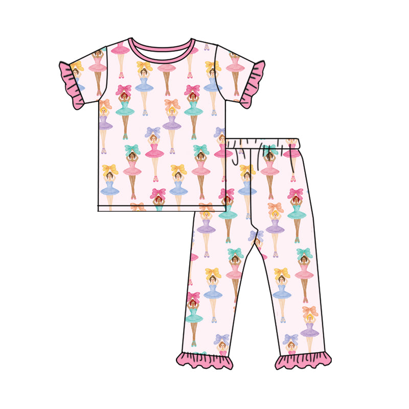 Preorder (moq 5)Baby Girls Short Ruffle Sleeves Pink Bows Dancers Top Pant Pajamas Set