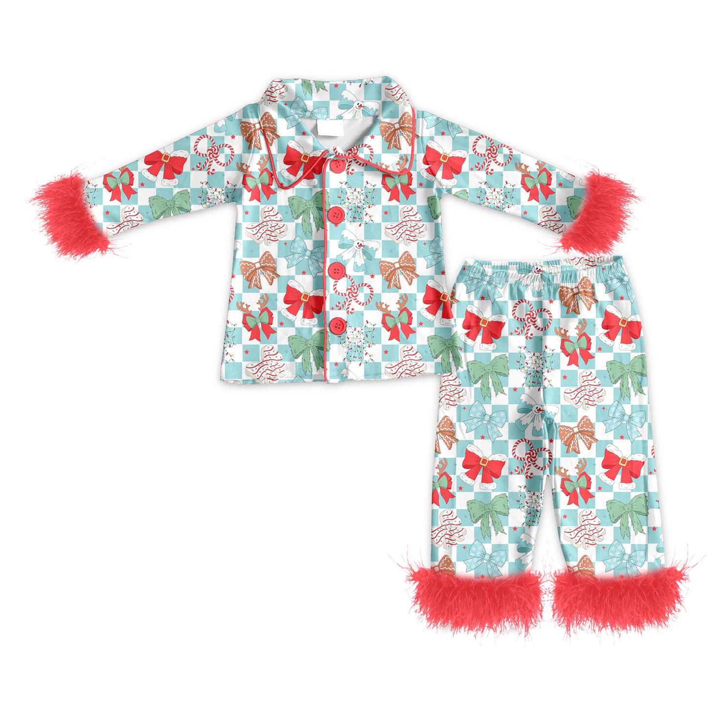 Preorder (moq 5)Baby Girls Long Sleeves With Fur Blue Plaid Colorful Bows Top Pant Pajamas Set