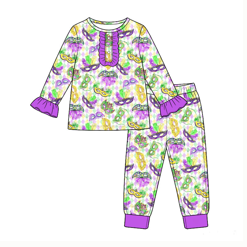 Pre-order(moq5) Baby Girl Clothes Mardi Gras Diamond Mask Print Long Sleeve Purple Ruffle Placket Pajama Set