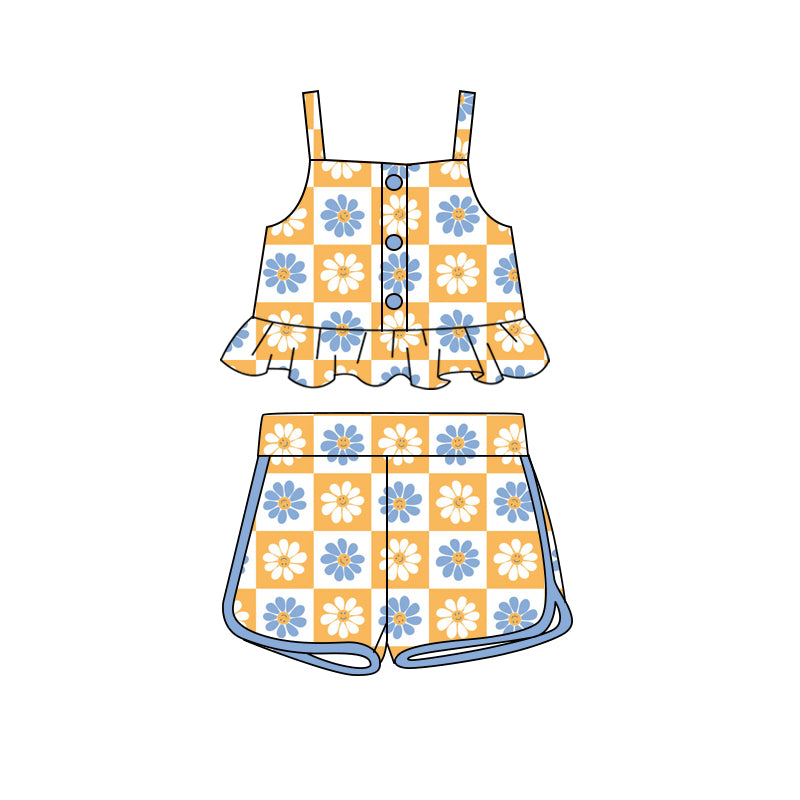 Preorder (moq 5)Baby Girls Flowers Blue Smile Straps Top Shorts Clothes Sets