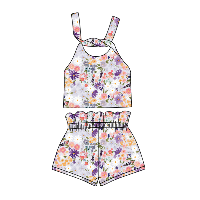 Preorder (moq 5)Baby Girls Purple Flowers Straps Top Shorts Clothes Sets