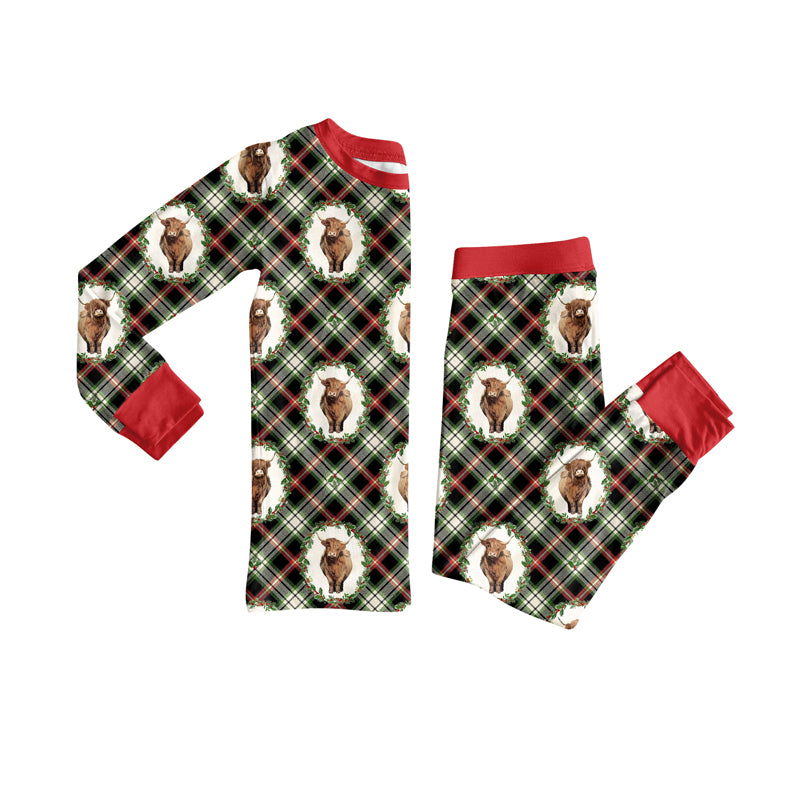 Preorder (moq 5)Baby Girls Highland Cows Holly Plaid Top Pant Christmas Pajamas Set