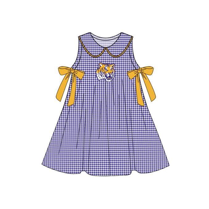 Preorder (moq 5)Baby Girls Purple Plaid Sleeveless Bows Tigers Team Knee Length Dresses