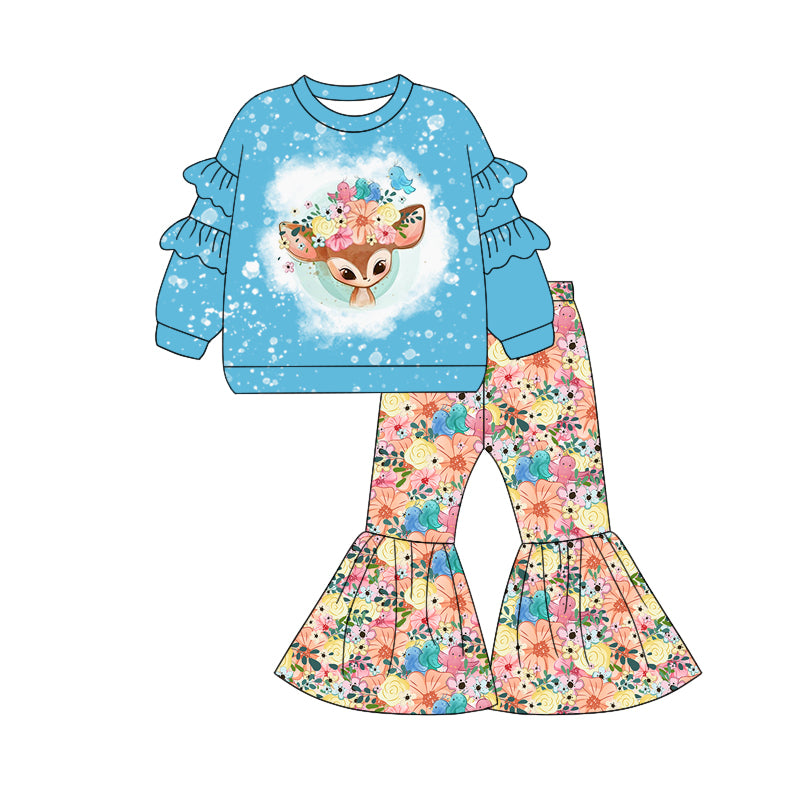 Preorder (moq 5)Baby Girls Blue Long Sleeves Floral Deer Top Bell Bottom Pant Clothes Set