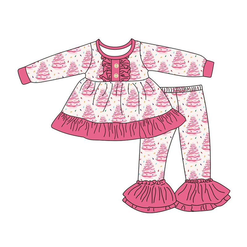 Preorder (moq 5)Baby Girls Long Sleeves Pink Christmas Trees Button Tunic Bell Bottom Pants Set