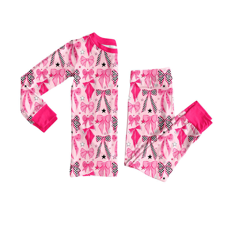Preorder(moq 8)Baby Girls Pink Stars Bows Top Pants Valentine Pajamas Sets