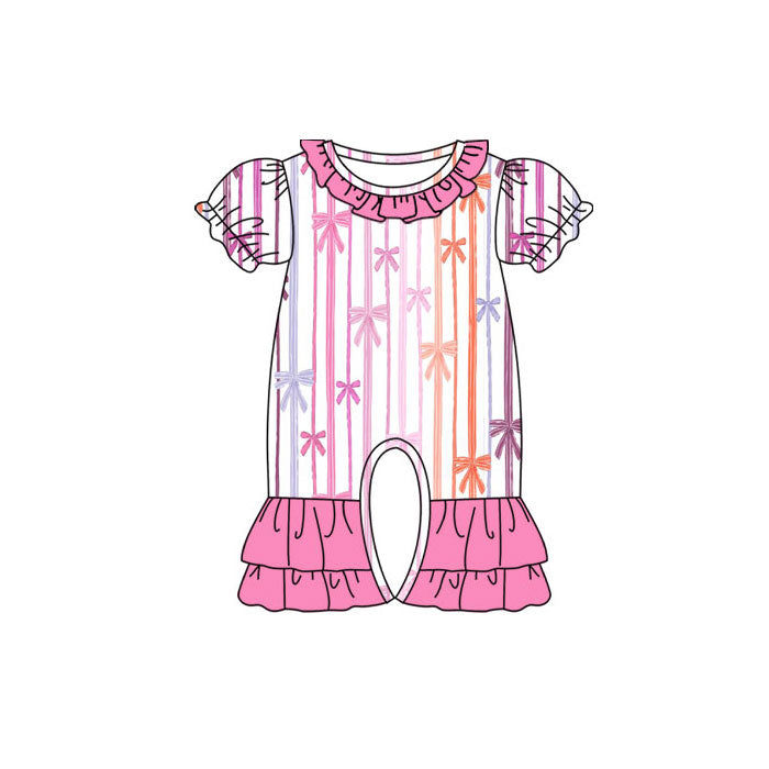 Preorder (moq 8)Baby Girls Colorful Bows Stripe Ruffle Footie Rompers