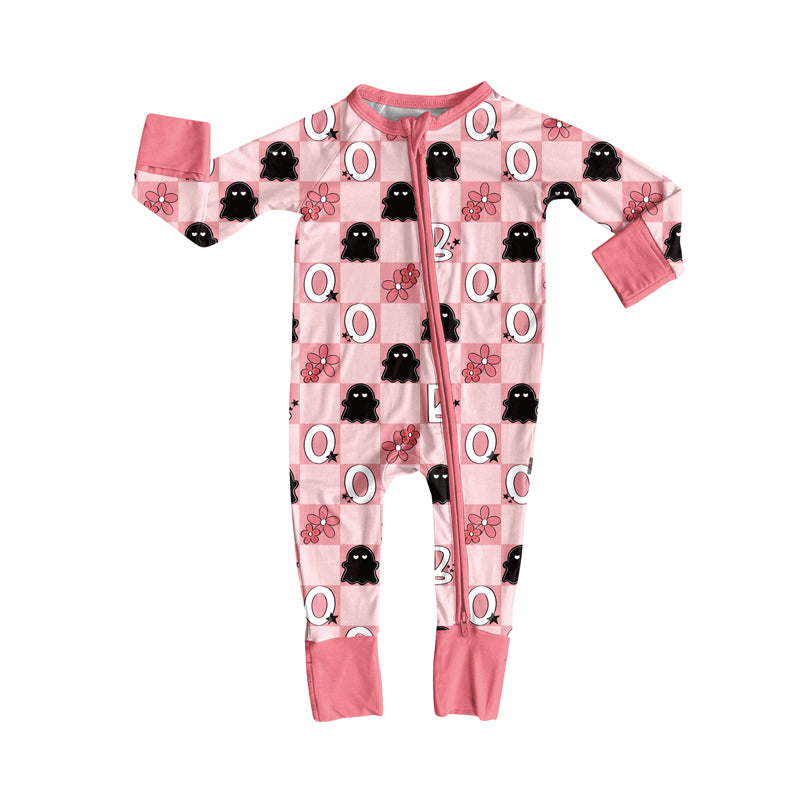 Preorder (moq 5)Baby Girls Pink Plaid Long Sleeves Flowers Ghosts Zipper Pant Rompers
