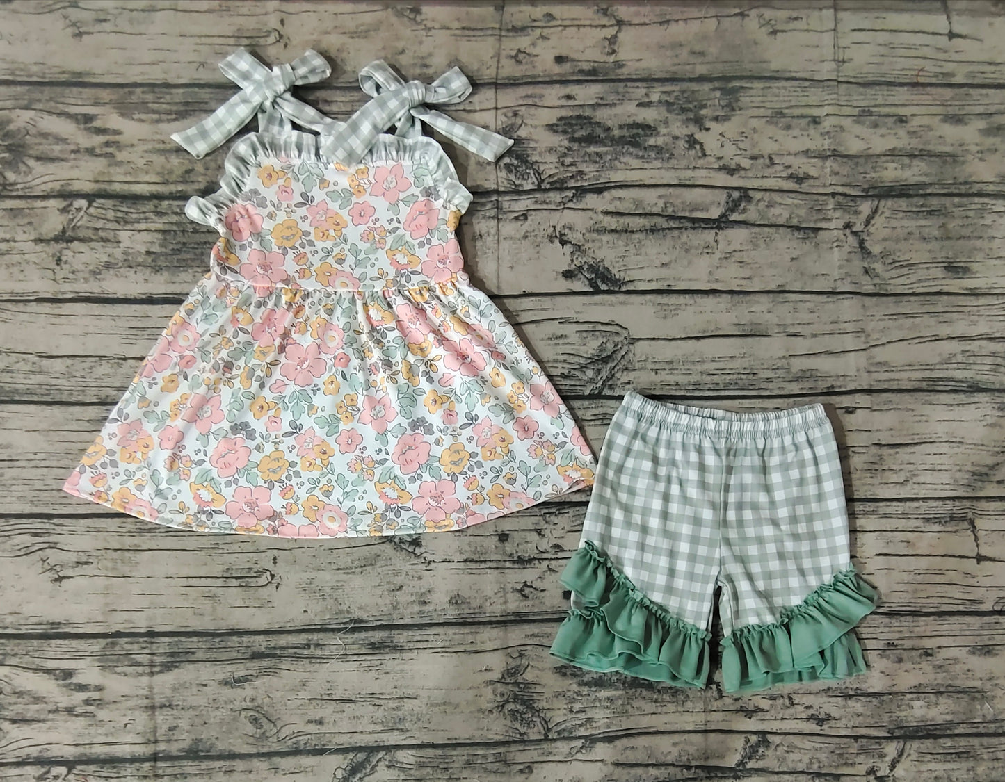 Baby Girls Spring Green Pink Flowers Tunic Ruffle Shorts Outfits Clothing Sets