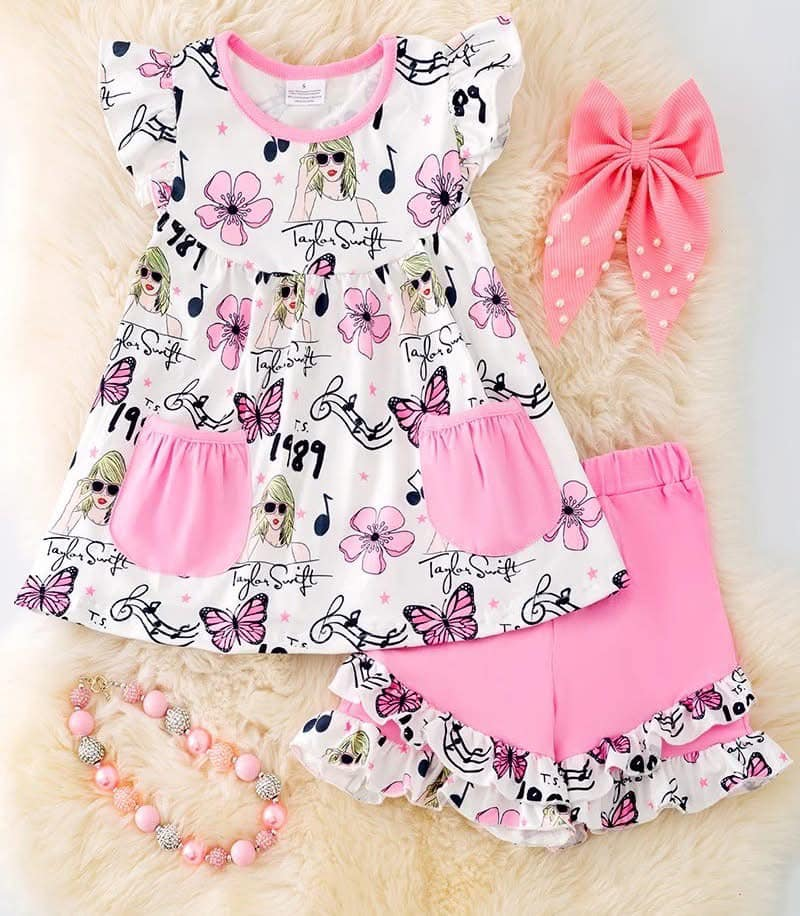 Preorder (moq 5)Baby Girls Pink Singer Pockets Tunic Top Ruffle Shorts Clothes Sets