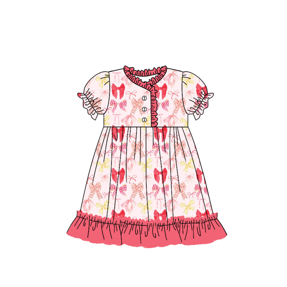 Preorder (moq 5)Baby Girls Red Baseball Bows Ruffle Knee Length Gowns Dresses