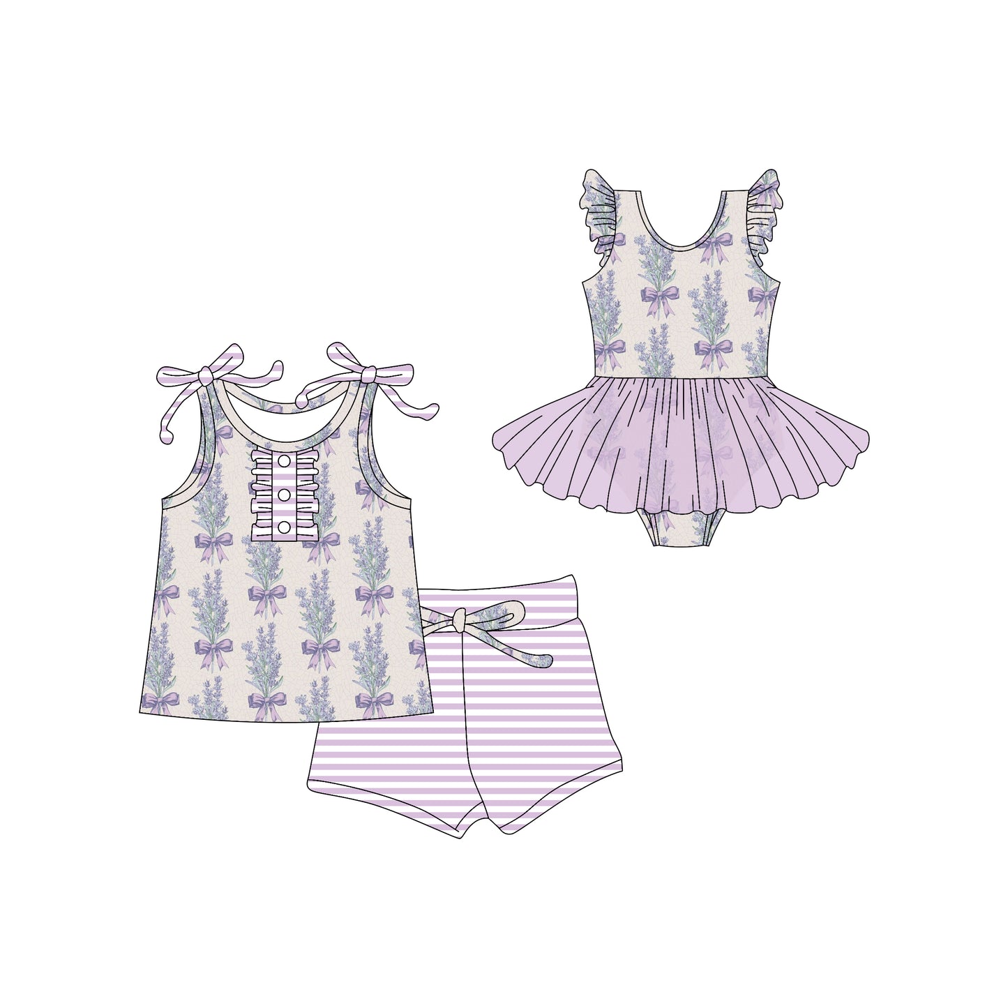 Preorder moq 5 Custom Baby Girls Lavender Strap Floral Bows Button Top Stripe Short Set Skort Bummise Romper