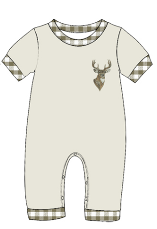 Preorder(moq5) Baby Hunting Print Plaid Trim Short Sleeve Romper Set Newborn Cotton One-Piece Bodysuit
