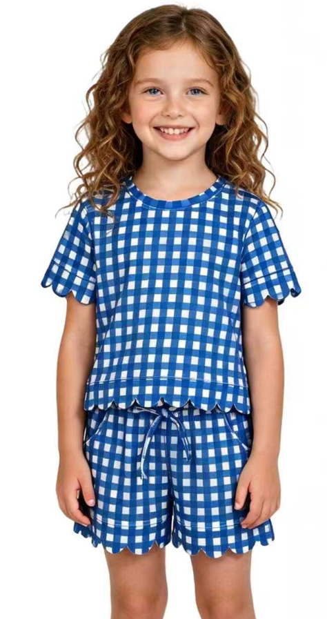 Preorder (moq5) Girls Check Print Short Sleeve T-shirt and Shorts Set Toddler Scallop Trim Outfit