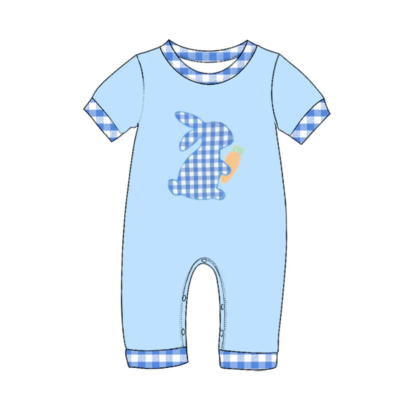 Preorder(moq5) Baby Easter Bunny Print Plaid Trim Short Sleeve Romper Set Newborn Cotton One-Piece Bodysuit