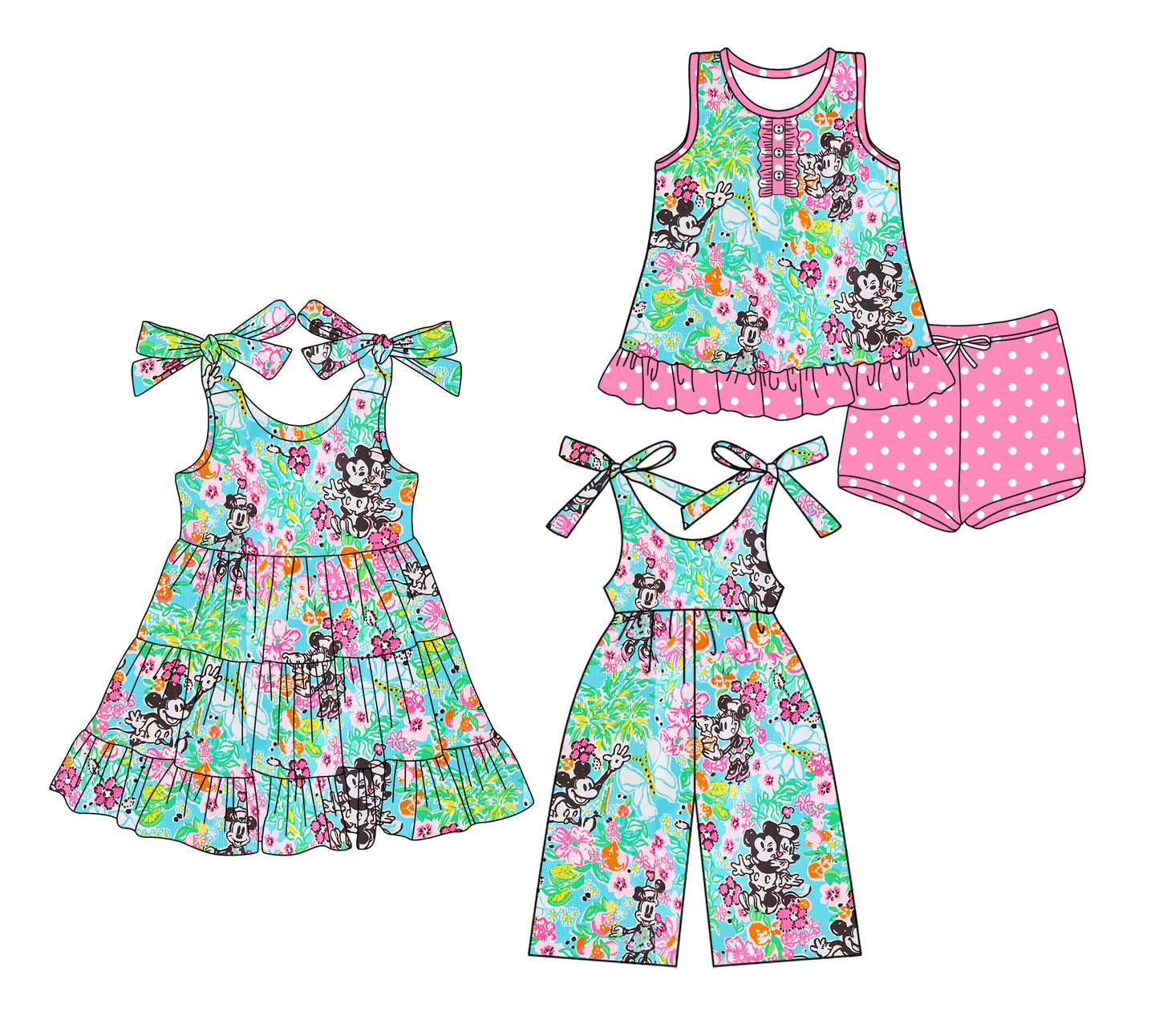 Preorder moq 5 Custom Baby Girls Green Cartoon Mouse Button Tunic Polka Dots Short Set Knee Length Dress Jumpsuits